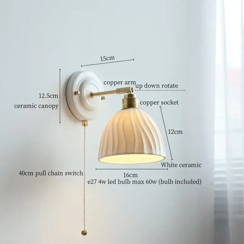 Vintage ceramic wall sconce with white fluted shade and copper arm for bedroom decorbites ceramic wall sconce