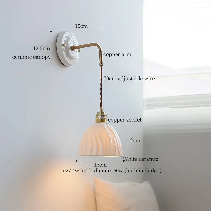 Vintage ceramic wall sconce with white ceramic base brass copper arm fluted glass shade and adjustable 70cm wire