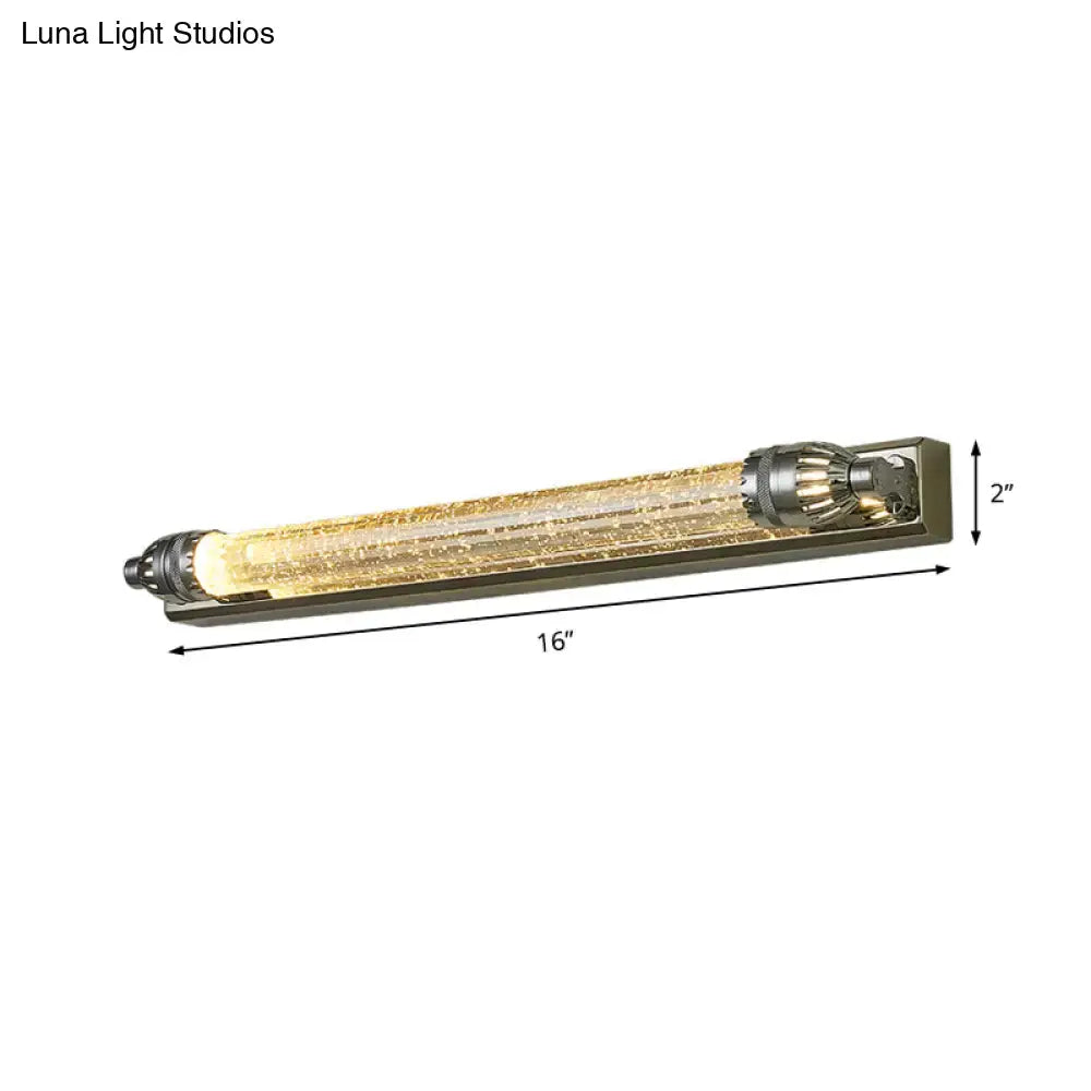 Vintage chrome and crystal led vanity light with 16 inch amber gold textured glass tube and brushed brass finish wall fixture