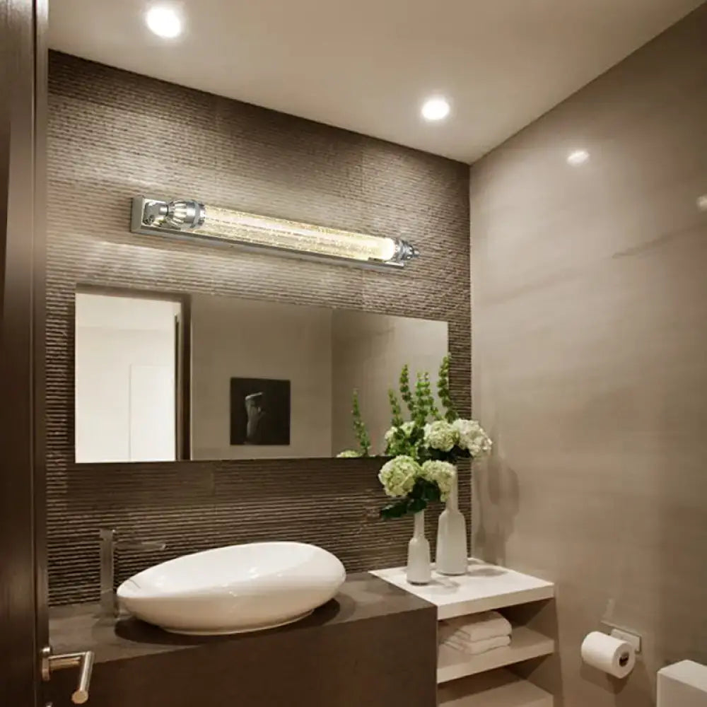 Modern chrome and crystal linear bathroom vanity light fixture with embedded LED bulbs and chrome finish