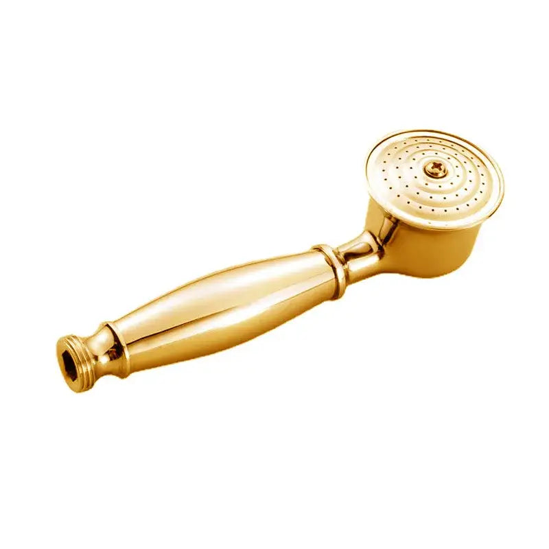 Gold-colored polished brass showerhead with classic curved handle paired with vintage chrome and white ceramic shower hand holder