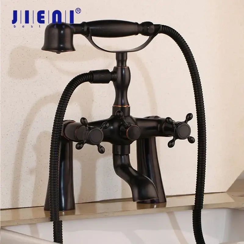 Black antique brass bathtub faucet with dual handles and handheld showerhead for decorbites black bathtub use