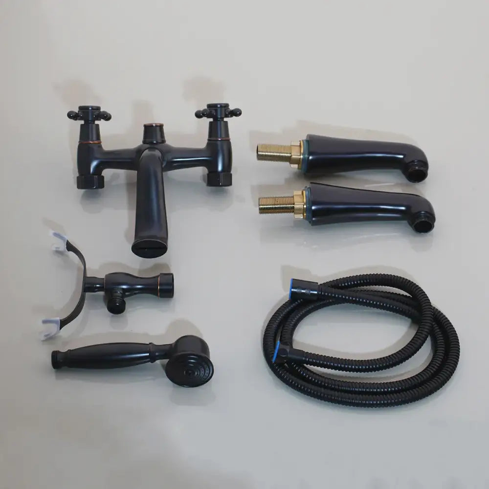 Black matte bathtub faucet set with dual handles brass accents and matching handheld showerhead by decorbites black bathtub