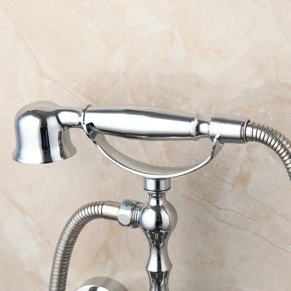 Vintage chrome brass bathroom faucet set with brass bathroom faucet and chrome finished handheld showerhead with braided hose