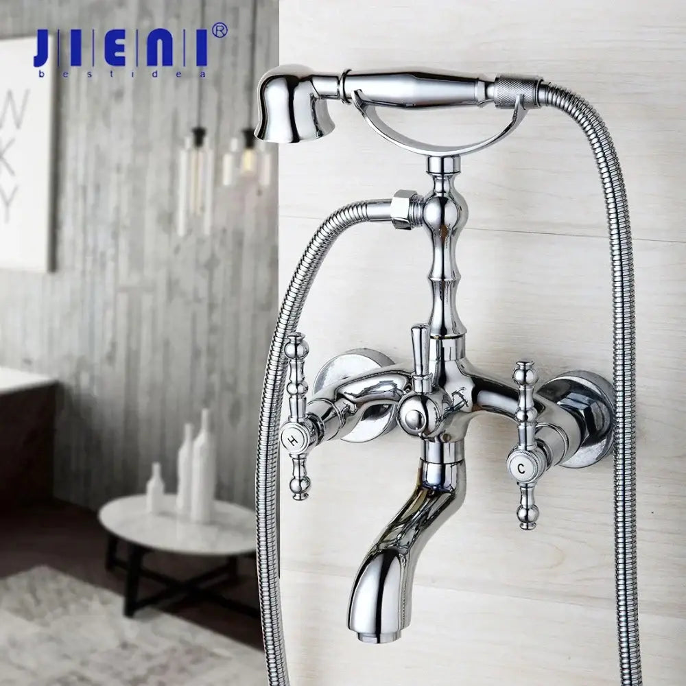 Chrome finished vintage brass bathroom faucet set with hand shower and two ornate handles for decorbites brass bathroom