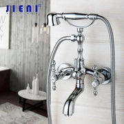 Chrome finished vintage brass bathroom faucet set with hand shower and two ornate handles for decorbites brass bathroom