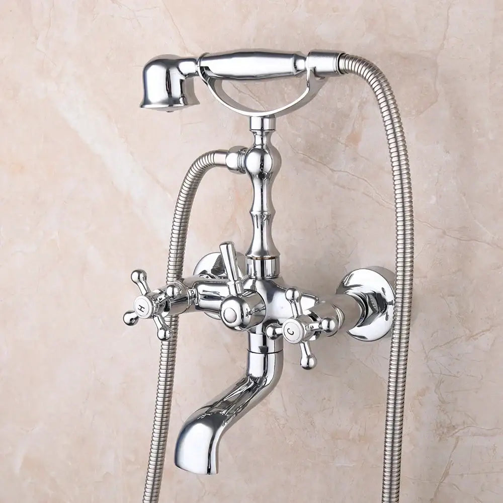 Chrome finished vintage brass bathroom faucet set with cross handles and handheld shower for decorbites brass bathroom