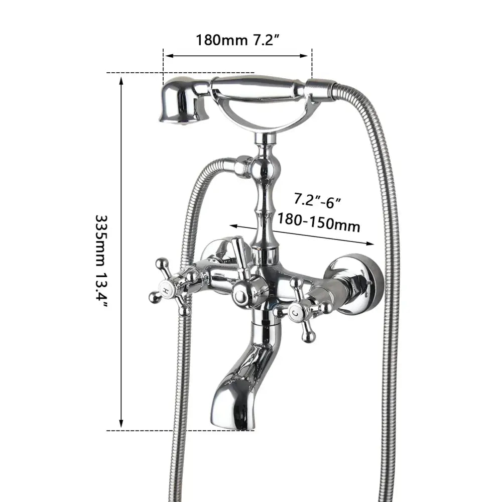 Vintage chrome brass bathroom faucet set with hand shower featuring three cross-handle controls and flexible hoses