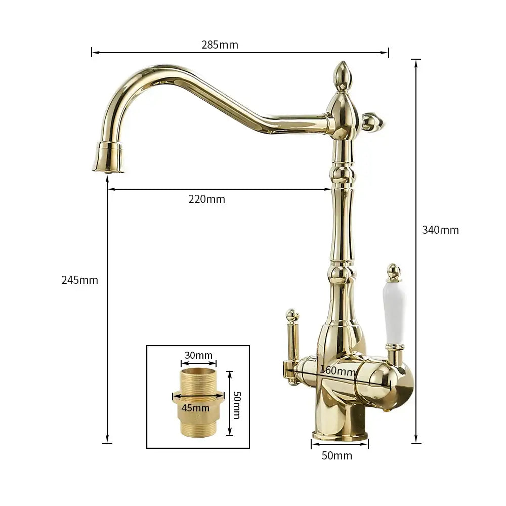 Vintage chrome brass kitchen water filter faucet with brass finish curved spout and white ceramic handle for decorbites brass kitchen water