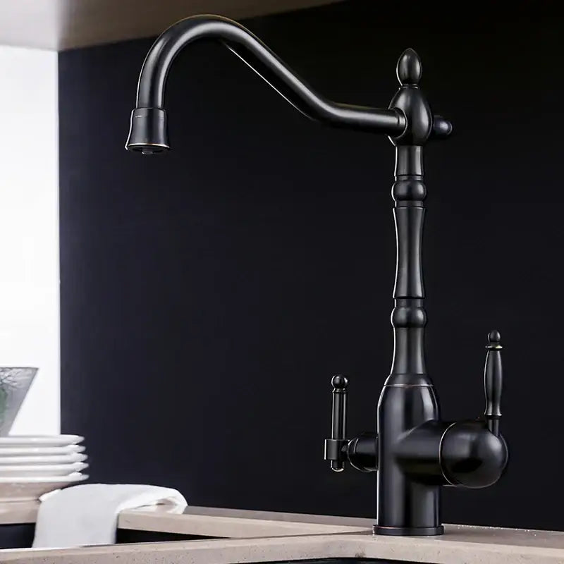 Vintage chrome brass kitchen water filter faucet with black matte finish dual handles and ornate design for decorbites brass kitchen
