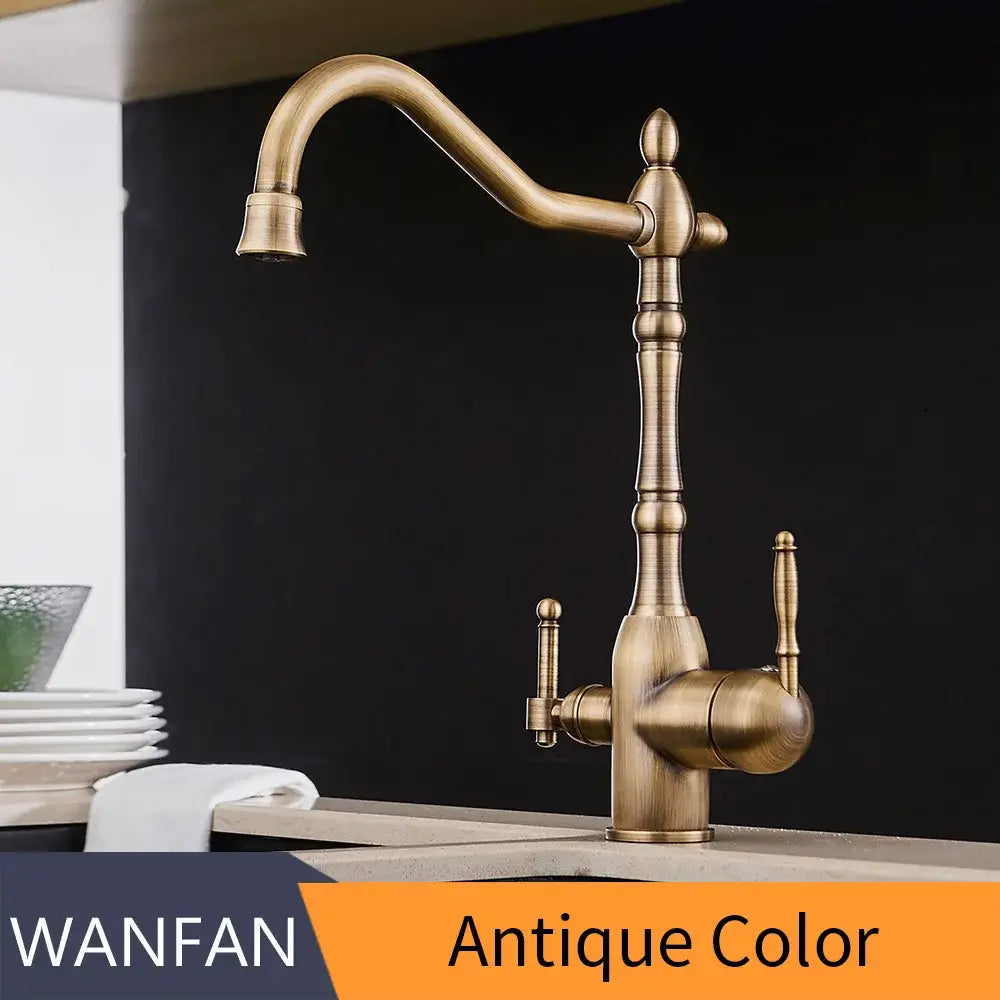 Vintage chrome brass kitchen water filter faucet with antique brass finish curved spout and two ornate handles for brass kitchen water decorbites