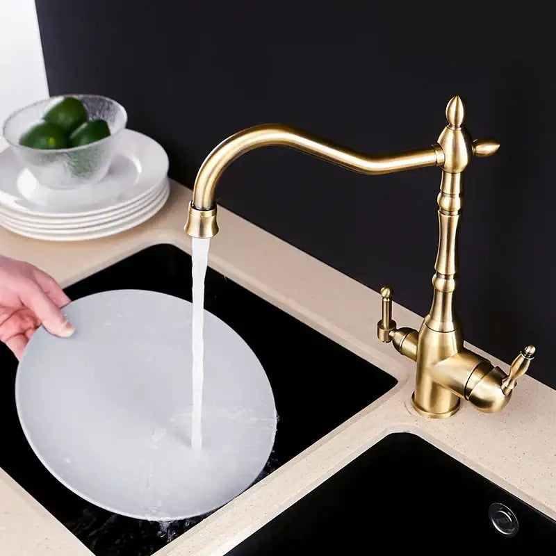Antique brass-finished vintage chrome brass kitchen water filter faucet with dual handles and high arc spout