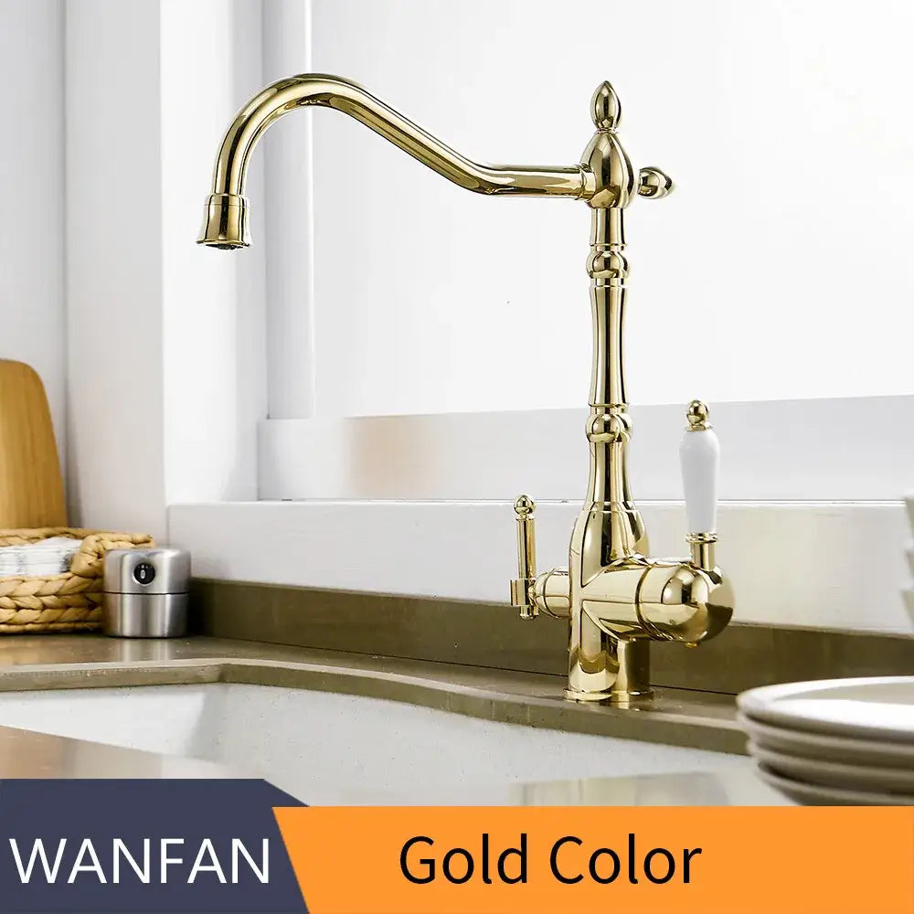 Vintage chrome brass kitchen water filter faucet with gold-colored brass kitchen decorbites design and white ceramic handle