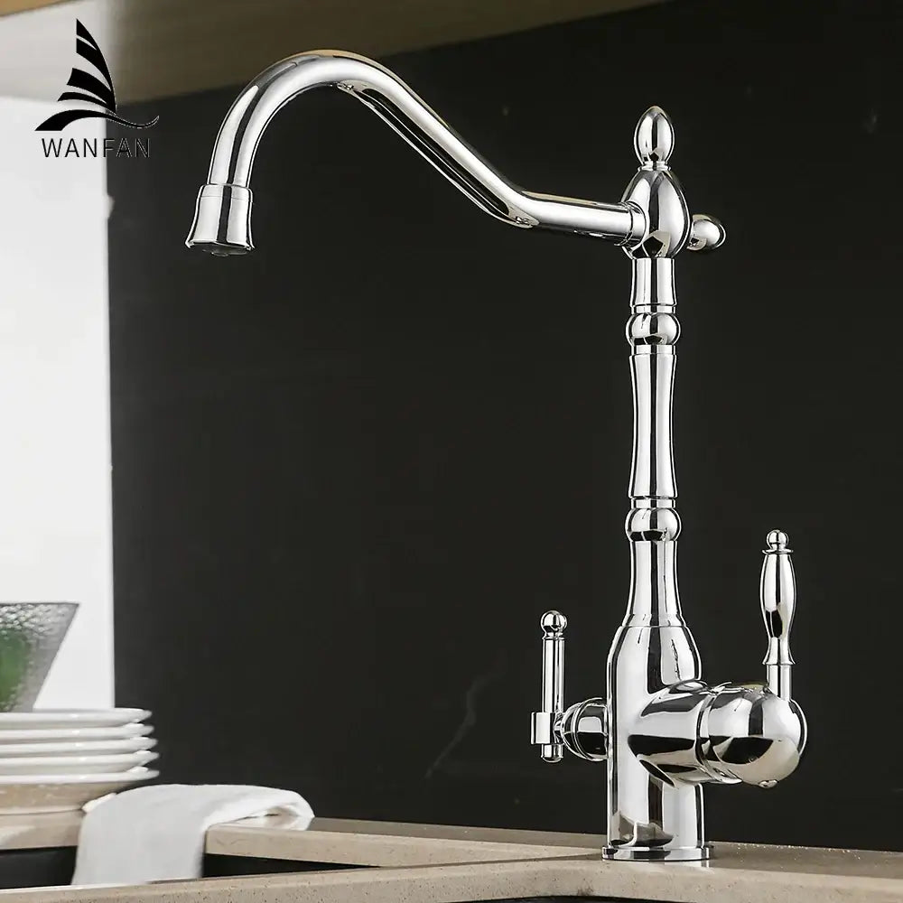 Vintage chrome brass kitchen water filter faucet with high arc spout featuring ornate decorbites brass kitchen detailing