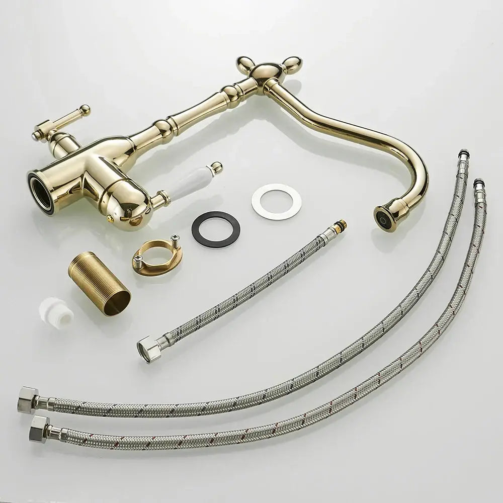 Vintage chrome brass kitchen water filter faucet with a high arc spout, curved spout, cross handles, and brass kitchen water hoses