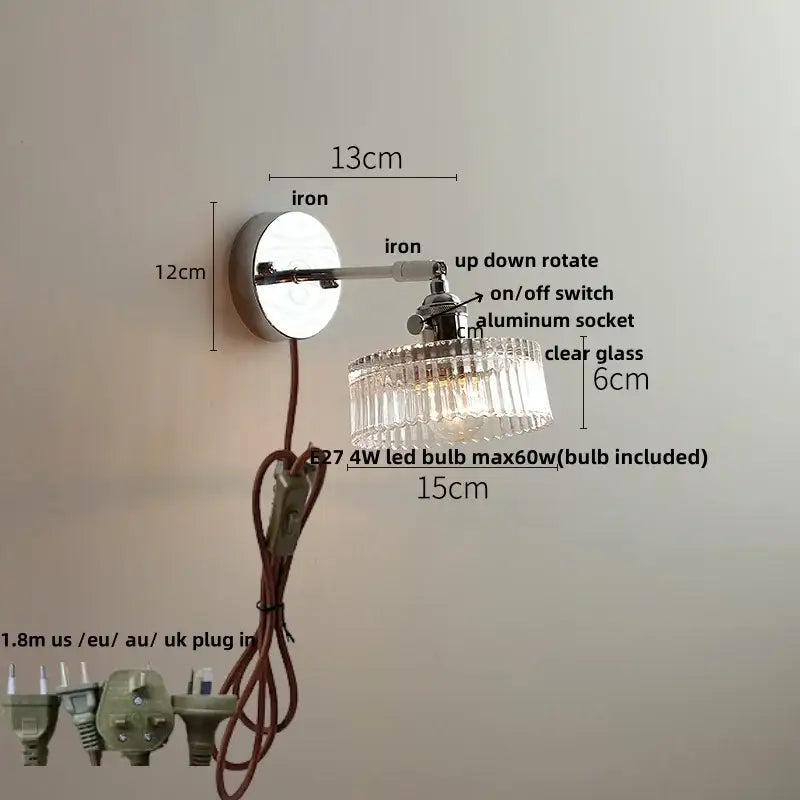 Vintage chrome clear glass wall sconce with polished iron base and adjustable arm for bedroom decorbites clear glass lighting