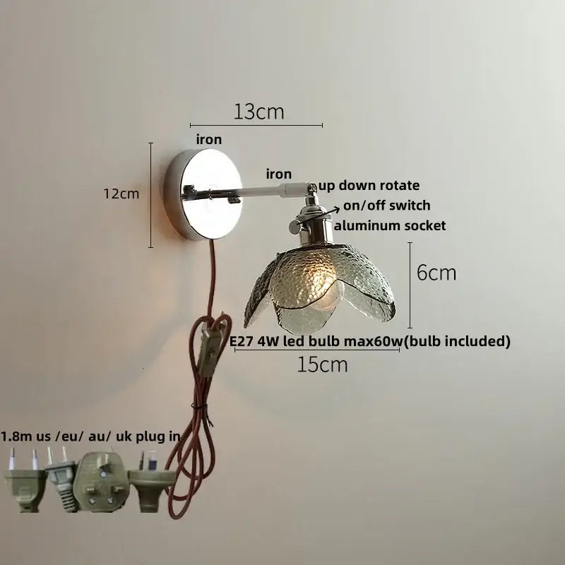 Vintage chrome clear glass wall sconce with textured translucent shade and iron arm for bedroom pull chain lighting decorbites clear glass