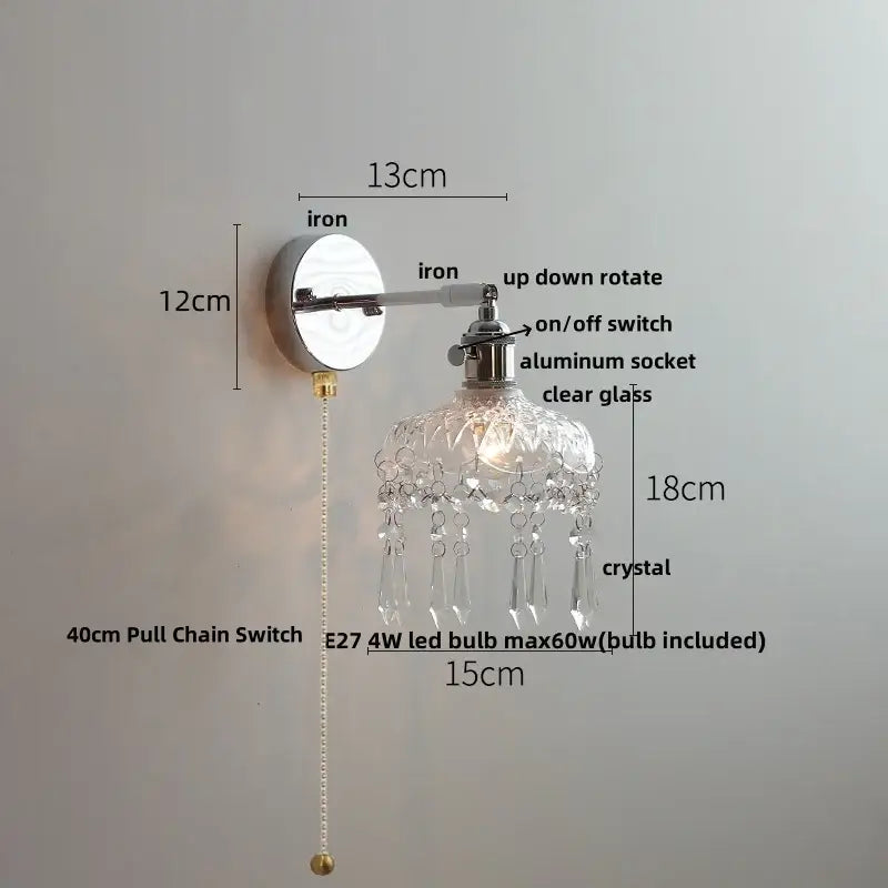 Vintage chrome clear glass wall sconce with polished iron base aluminum socket and crystal droplets for bedroom decorbites clear glass