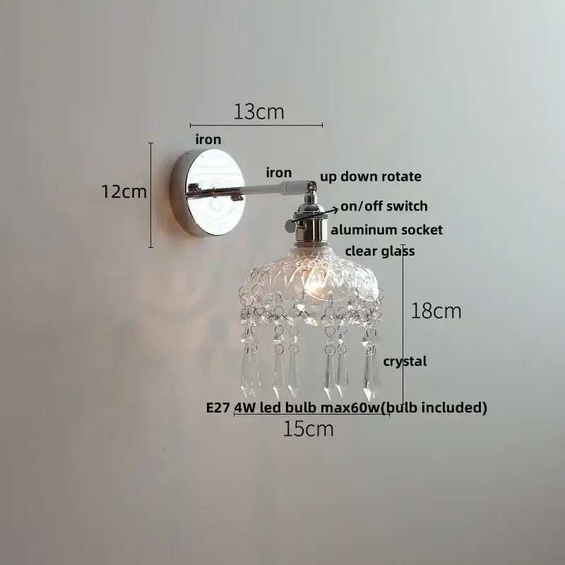 Vintage chrome clear glass wall sconce with polished iron base adjustable arm and crystal droplets for bedroom decorbites clear glass