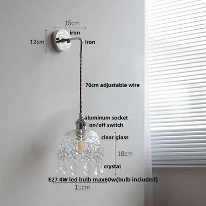 Vintage chrome clear glass wall sconce with dangling crystal droplets mounted on iron fixture for bedroom decorbites clear glass