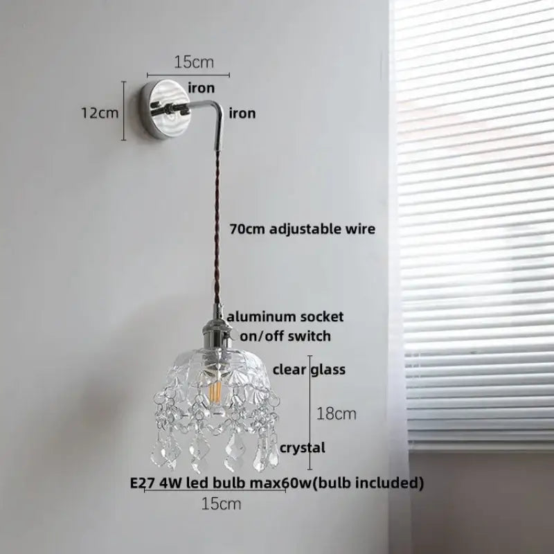 Vintage chrome clear glass wall sconce with dangling crystal droplets mounted on iron fixture for bedroom decorbites clear glass