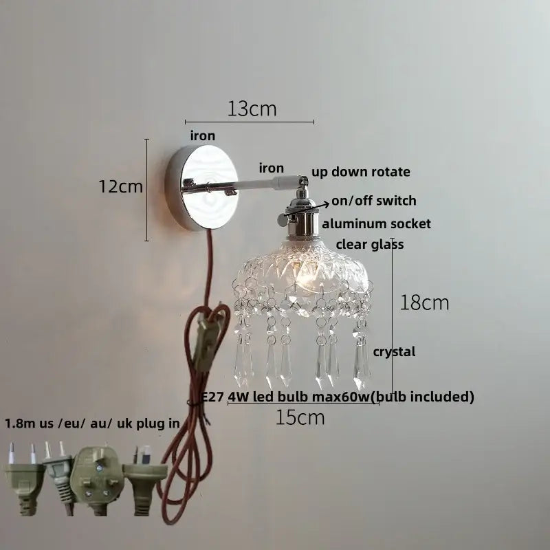 Vintage chrome clear glass wall sconce with polished iron base adjustable arm and crystal droplets for decorbites clear glass decor