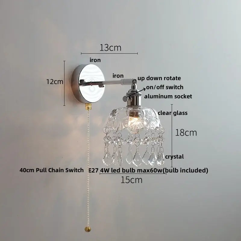Vintage chrome clear glass wall sconce with polished iron arm and faceted crystal droplets for bedroom decorbites clear glass