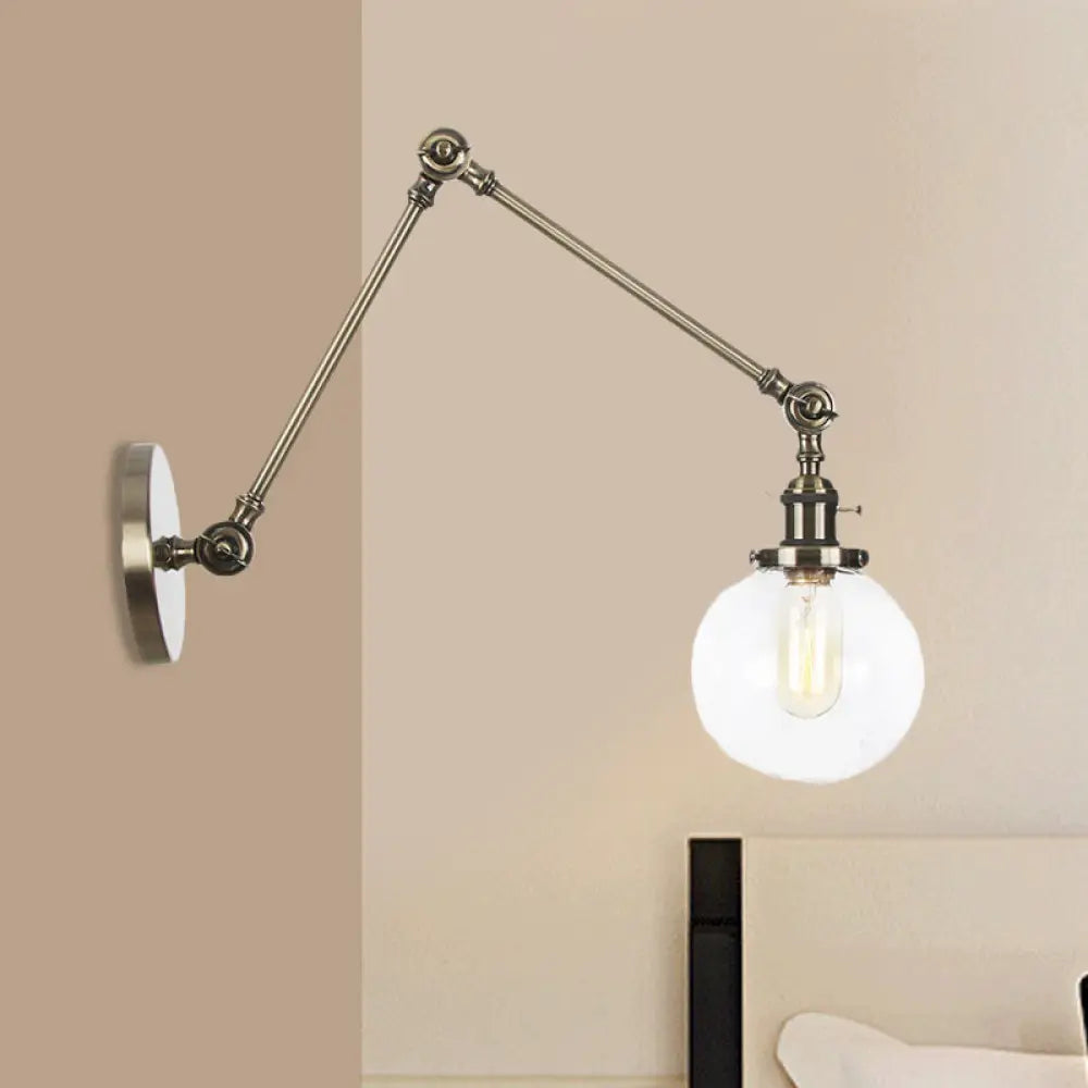 Vintage Chrome/Copper/Bronze Orb Wall Sconce Lamp - Clear/Amber Glass, Adjustable Arm, 1 Light - Ideal for Living Room - 8'+8'/8'+8'+8'L