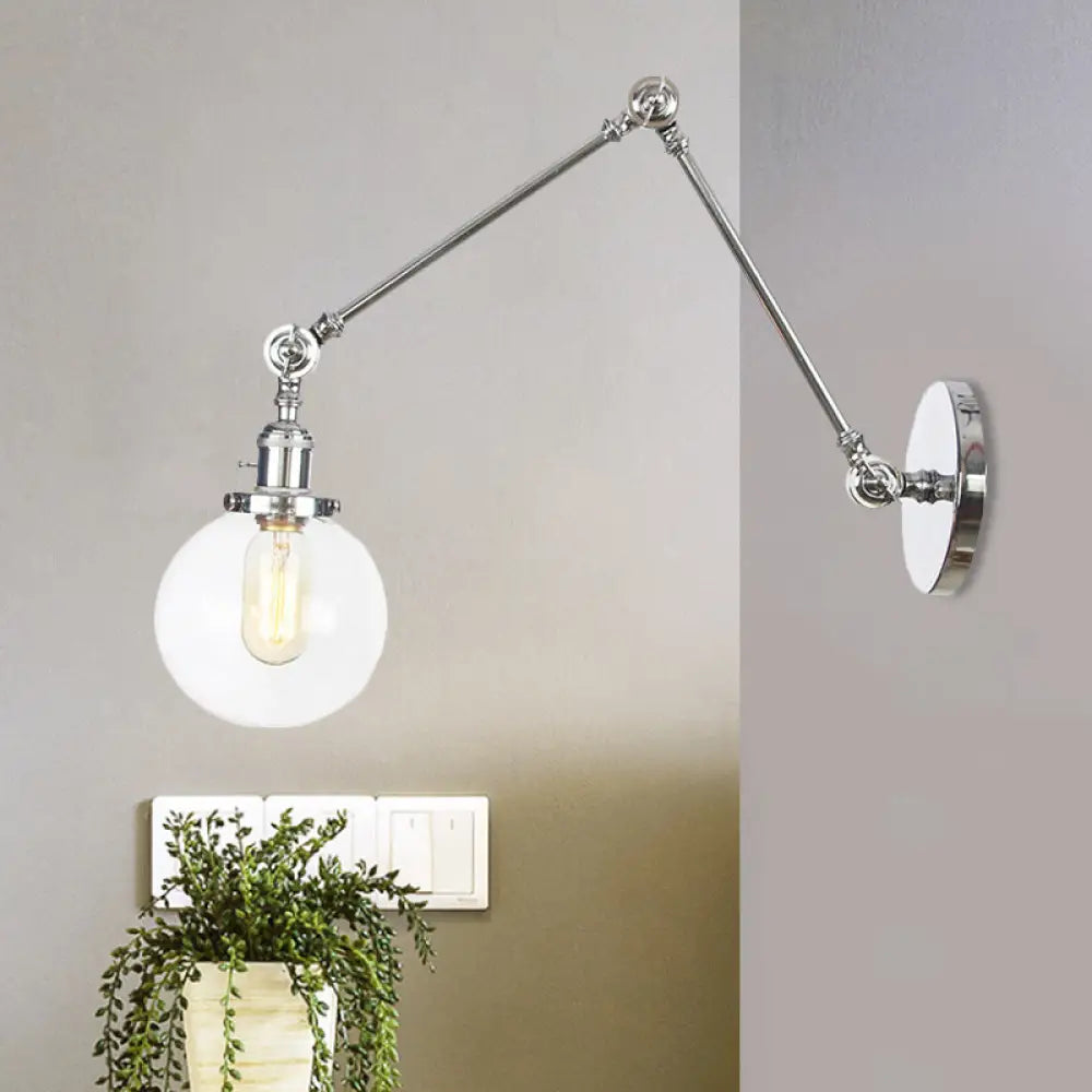 Vintage Chrome/Copper/Bronze Orb Wall Sconce Lamp - Clear/Amber Glass, Adjustable Arm, 1 Light - Ideal for Living Room - 8'+8'/8'+8'+8'L