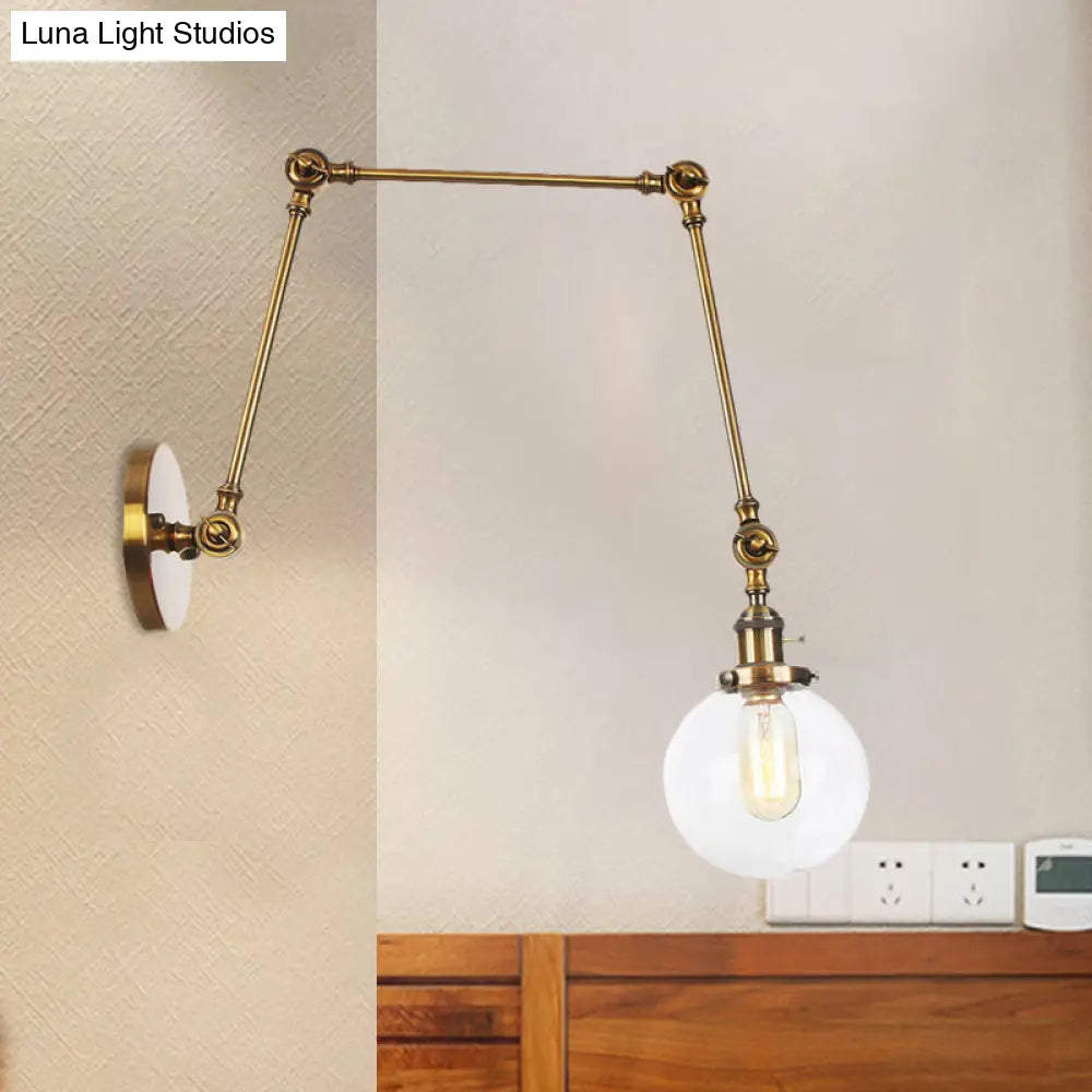 Vintage Chrome/Copper/Bronze Orb Wall Sconce Lamp - Clear/Amber Glass, Adjustable Arm, 1 Light - Ideal for Living Room - 8'+8'/8'+8'+8'L