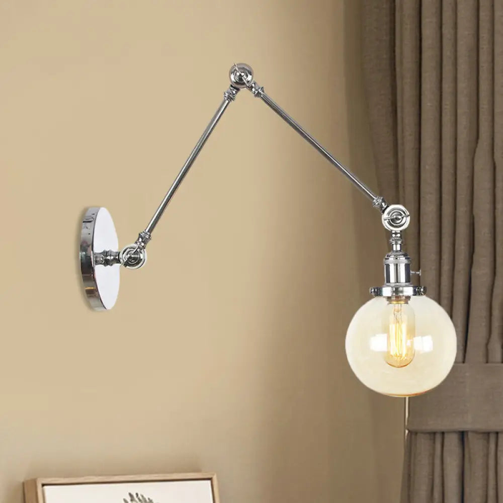 Vintage Chrome/Copper/Bronze Orb Wall Sconce Lamp - Clear/Amber Glass, Adjustable Arm, 1 Light - Ideal for Living Room - 8'+8'/8'+8'+8'L
