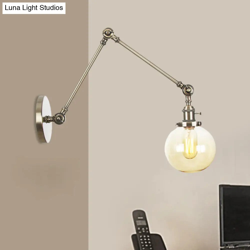 Vintage Chrome/Copper/Bronze Orb Wall Sconce Lamp - Clear/Amber Glass, Adjustable Arm, 1 Light - Ideal for Living Room - 8'+8'/8'+8'+8'L