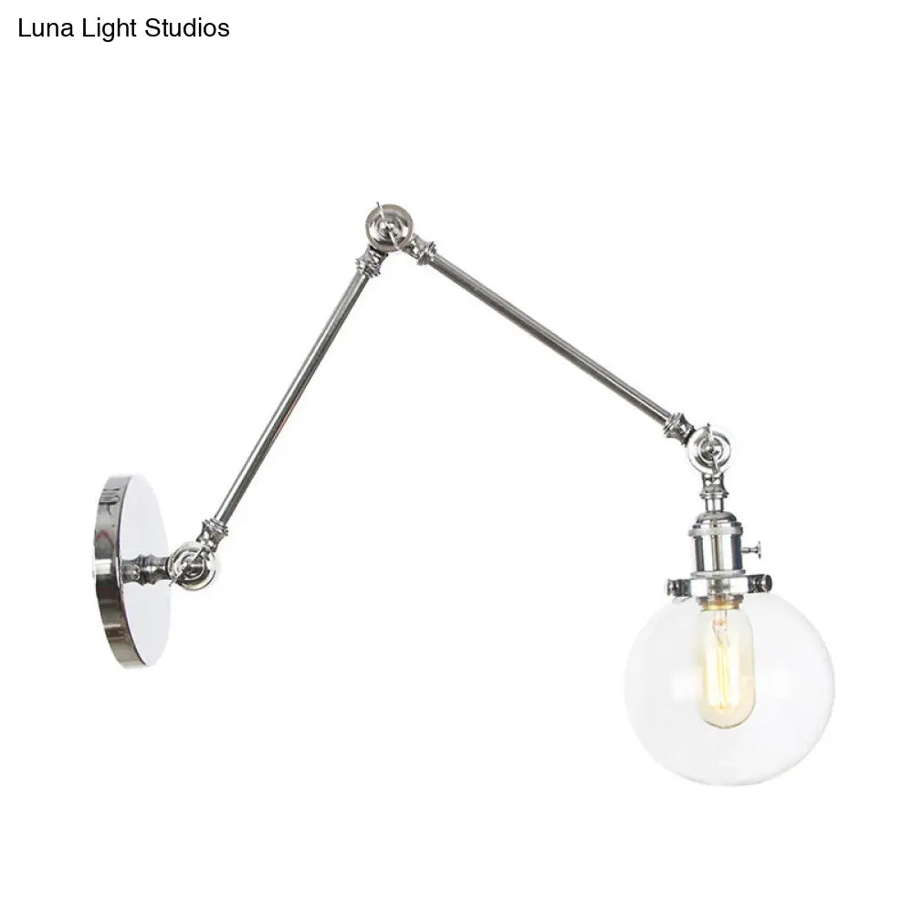 Vintage Chrome/Copper/Bronze Orb Wall Sconce Lamp - Clear/Amber Glass, Adjustable Arm, 1 Light - Ideal for Living Room - 8'+8'/8'+8'+8'L