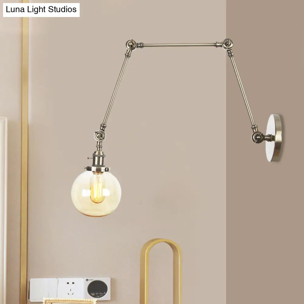Vintage Chrome/Copper/Bronze Orb Wall Sconce Lamp - Clear/Amber Glass, Adjustable Arm, 1 Light - Ideal for Living Room - 8'+8'/8'+8'+8'L