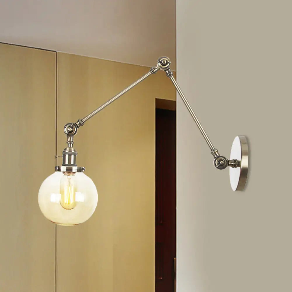 Vintage Chrome/Copper/Bronze Orb Wall Sconce Lamp - Clear/Amber Glass, Adjustable Arm, 1 Light - Ideal for Living Room - 8'+8'/8'+8'+8'L