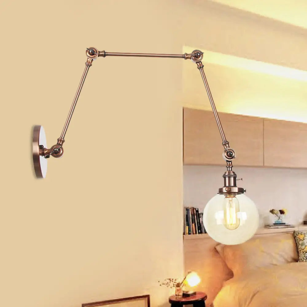Vintage Chrome/Copper/Bronze Orb Wall Sconce Lamp - Clear/Amber Glass, Adjustable Arm, 1 Light - Ideal for Living Room - 8'+8'/8'+8'+8'L