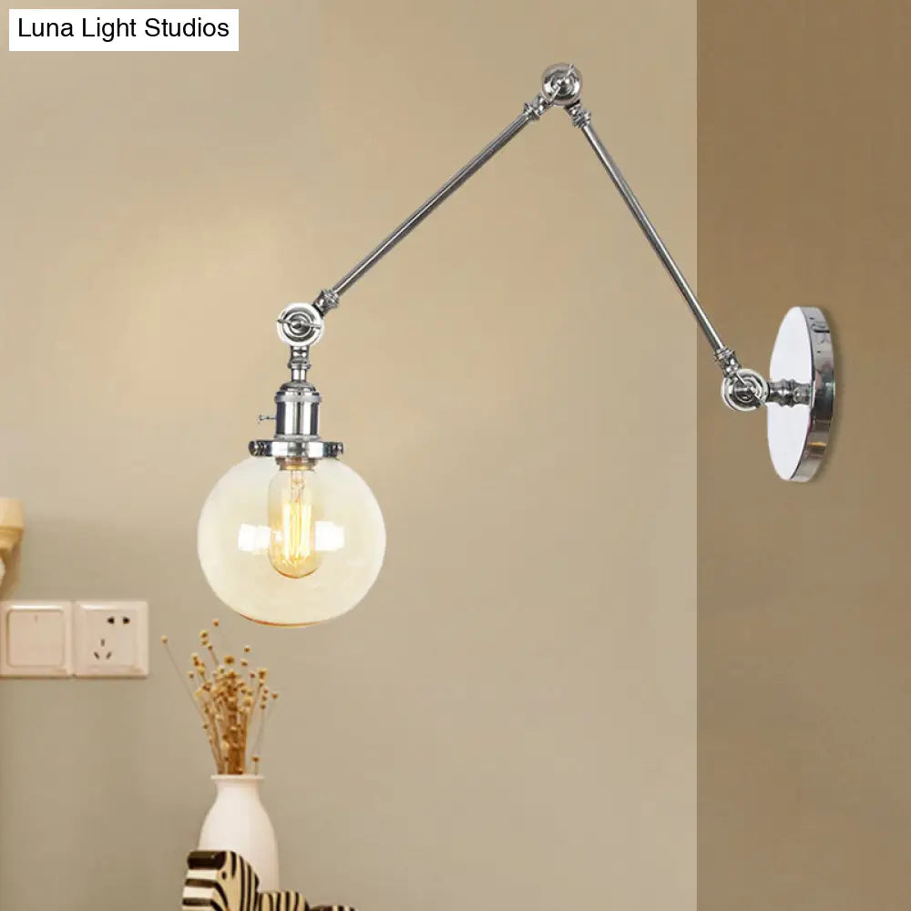 Vintage Chrome/Copper/Bronze Orb Wall Sconce Lamp - Clear/Amber Glass, Adjustable Arm, 1 Light - Ideal for Living Room - 8'+8'/8'+8'+8'L