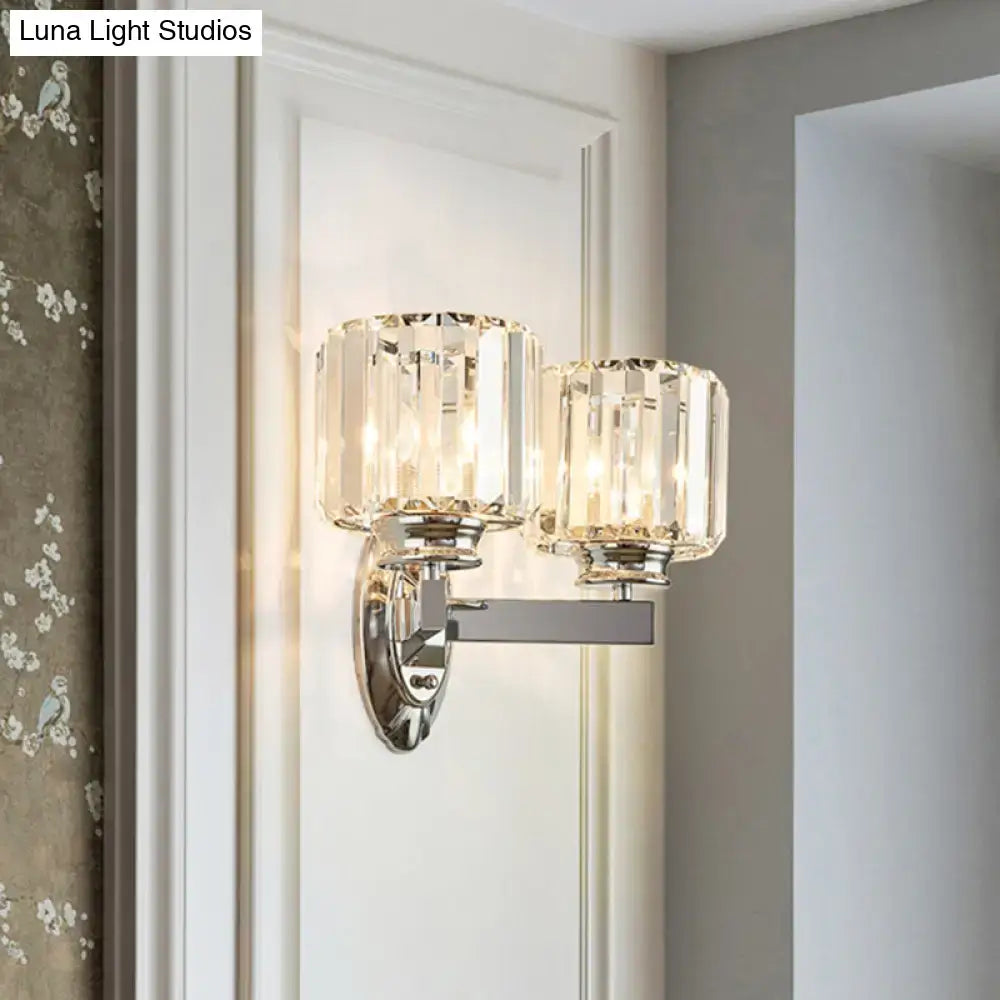 Vintage chrome cylindrical crystal wall sconce with two faceted shades 110v-120v inch fixture width for bedroom