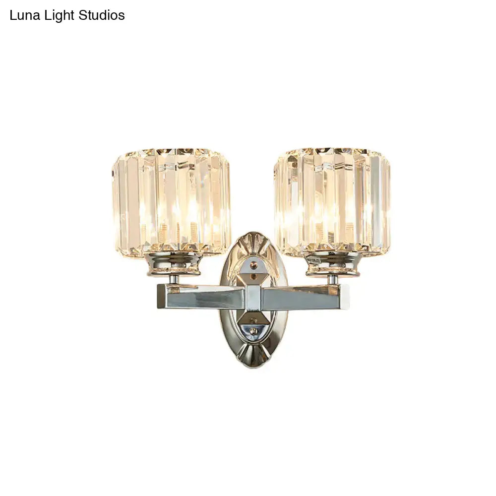 Vintage chrome cylindrical crystal wall sconce with two faceted crystal shades 110v-120v inch fixture width
