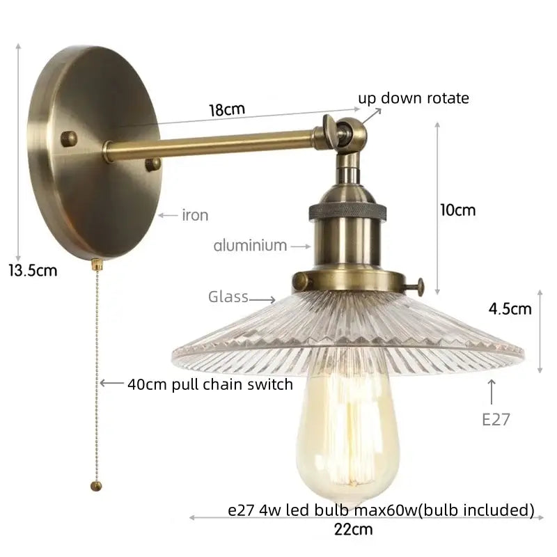 Antique brass wall light with textured glass shade and e27 led bulb for vintage chrome led wall decorbites chrome led