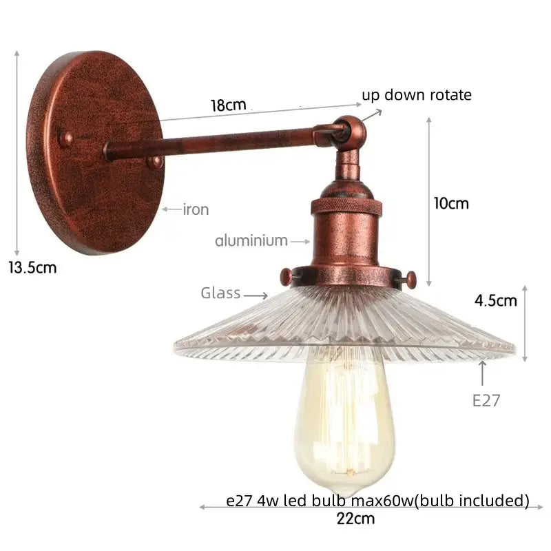 Vintage chrome led wall light with antique brass finish textured iron backplate aluminum arm and clear ribbed glass shade
