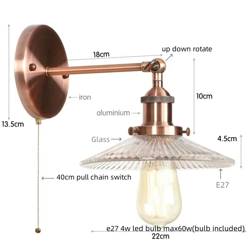 Antique brass-finished wall light with ribbed glass shade and e27 led bulb for vintage decorbites chrome led wall design