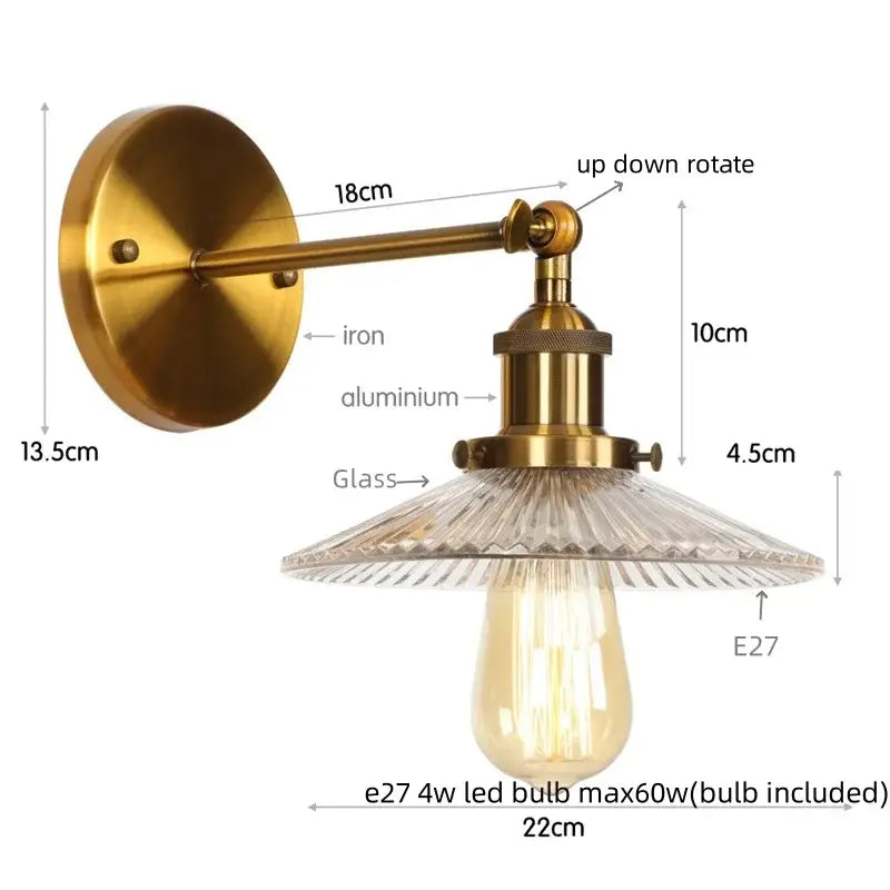 Brass-finished industrial wall light with textured glass shade and e27 led bulb for vintage chrome led wall decorbites chrome led