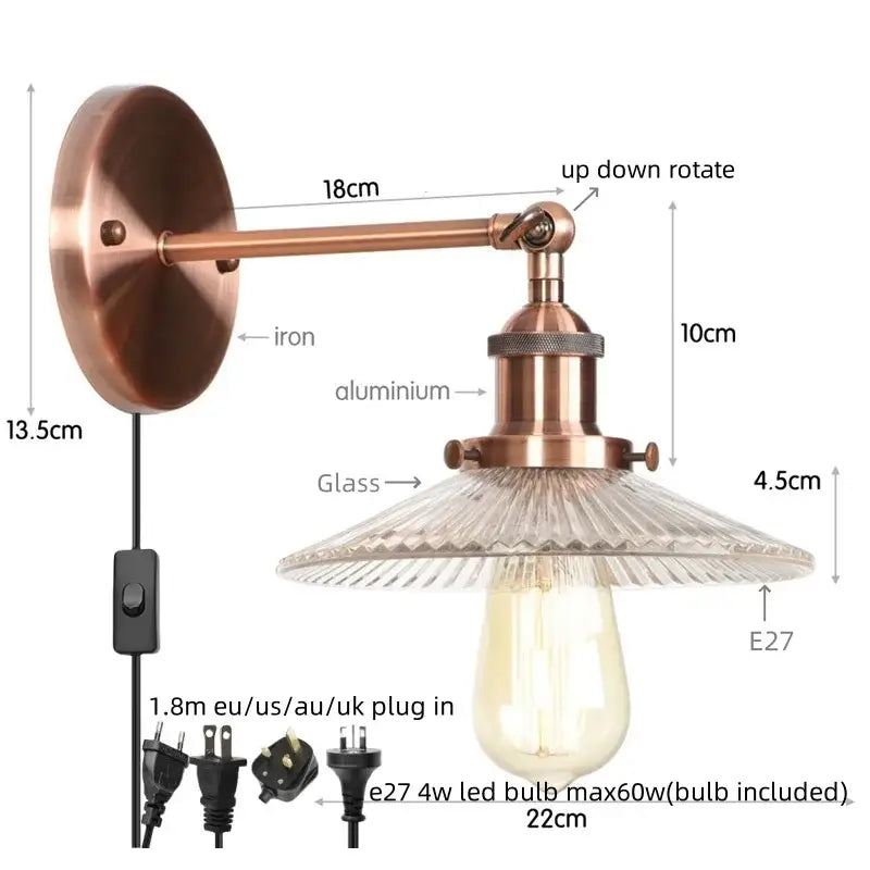 Copper-finished vintage chrome led wall light with industrial textured glass sconce and exposed Edison bulb for decorbites chrome led