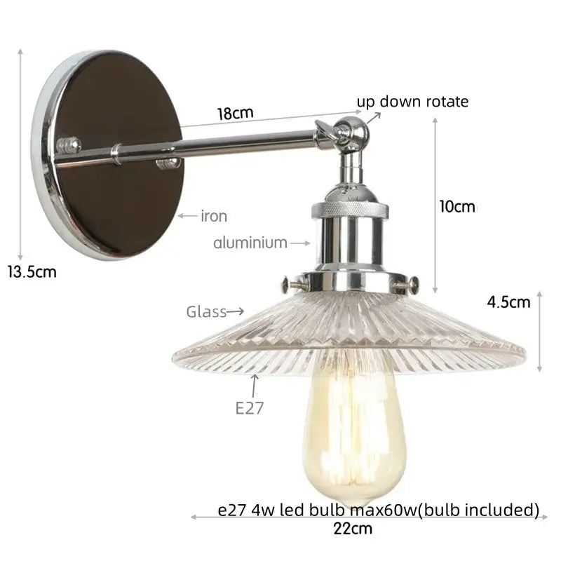 Vintage chrome led wall light with adjustable faceted glass shade and included e27 bulb by decorbites chrome led