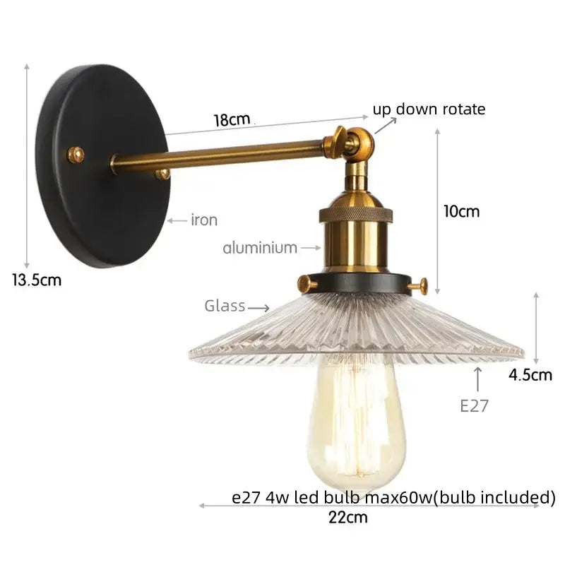 Vintage brass and black wall light with textured glass shade for bedroom decorbites chrome led wall illumination