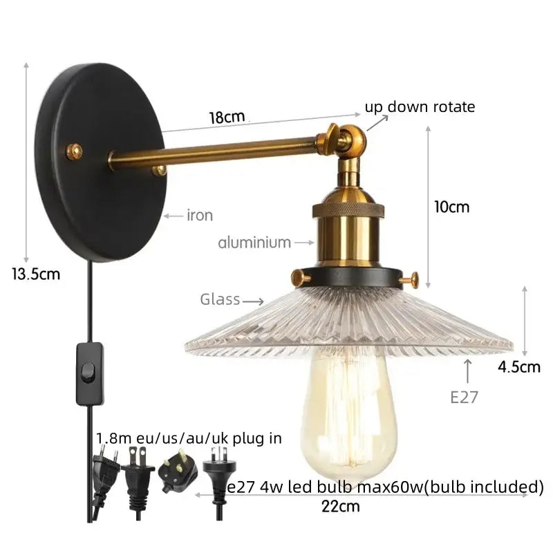 Vintage chrome led wall light featuring a black iron backplate, brass aluminum arm, and clear faceted glass shade by decorbites chrome led