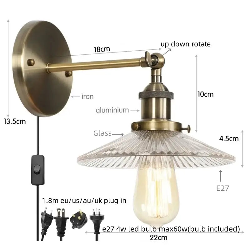 Vintage chrome led wall light featuring brass sconce with textured faceted glass shade for bedroom decorbites chrome led