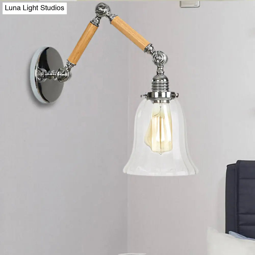 Vintage Chrome Wall Sconce with Flared Clear Prismatic Glass and Wood Arm