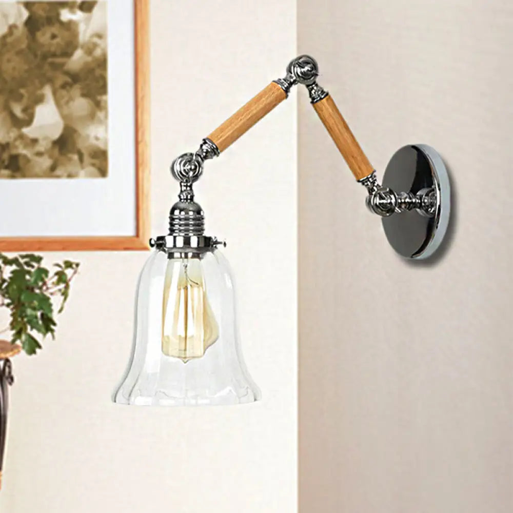 Vintage Chrome Wall Sconce with Flared Clear Prismatic Glass and Wood Arm